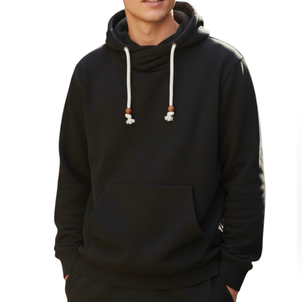 FSBN Slim Fit Black Pullover Hoodie - Funnel Neck & Cork Detailing - Men's M